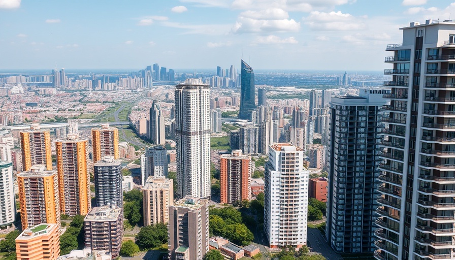 Modern residential high-rises in the Tide London housing scheme, city skyline.