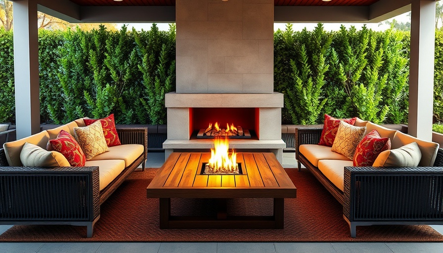 Modern outdoor seating area with fire pit and cozy sofas.