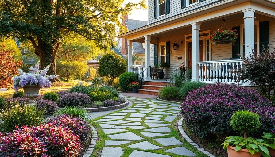 Charming front yard with budget-friendly landscaping ideas, vibrant plants, and stone paths.