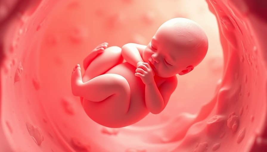 3D fetus in utero, serene pink amniotic background.