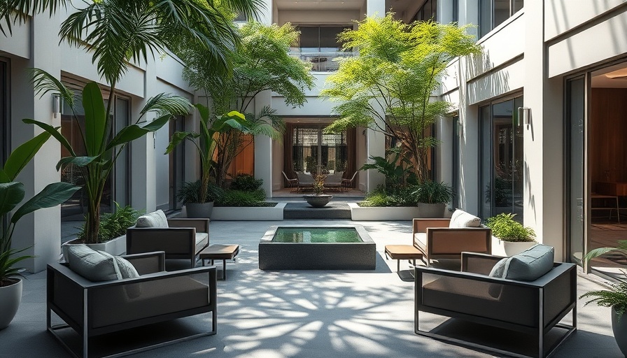 Modern courtyard garden with elegant furniture and water feature.
