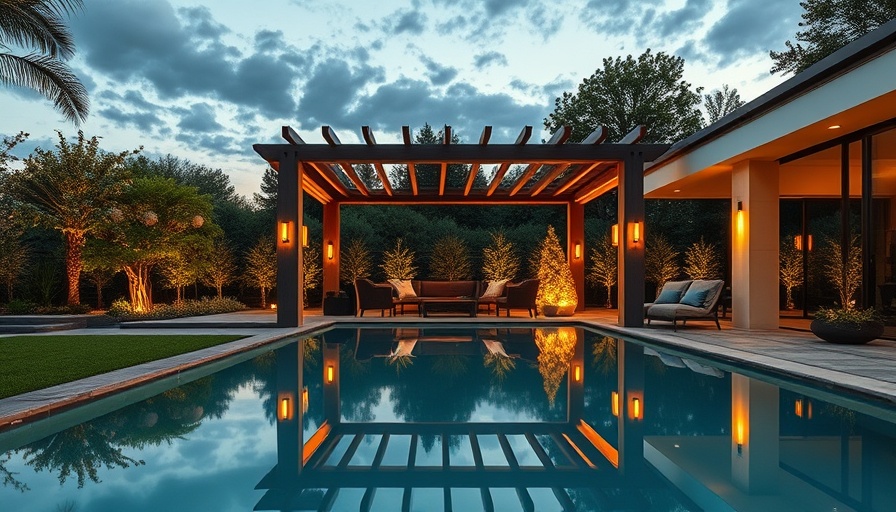 Modern backyard relaxing area design with pool and seating.