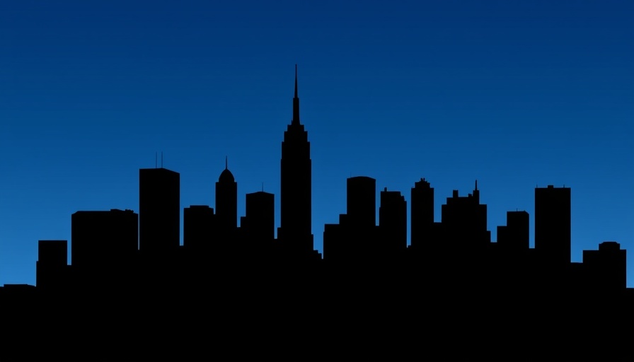 Minimalistic city skyline with text 'Becker's Hospital Review', blue background.