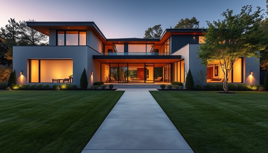 Modern home with well-lit sidehouse pathway landscaping at twilight.