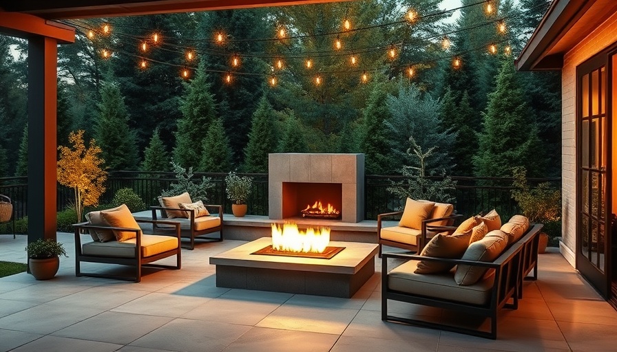Modern outdoor fireplace for small patio with seating and lights.