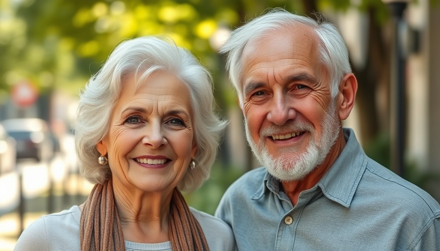 Elderly couple outdoors with content expressions, Medicare concerns.