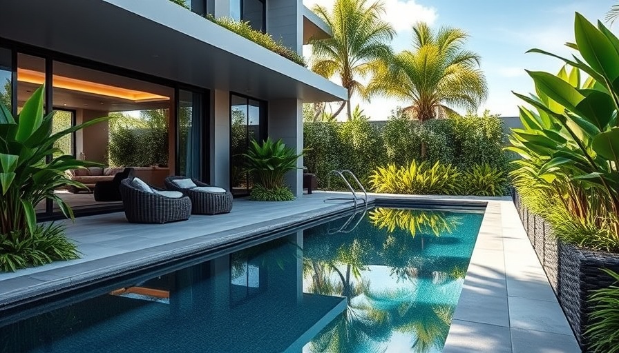 Luxurious modern narrow pool design idea with cozy seating and greenery.