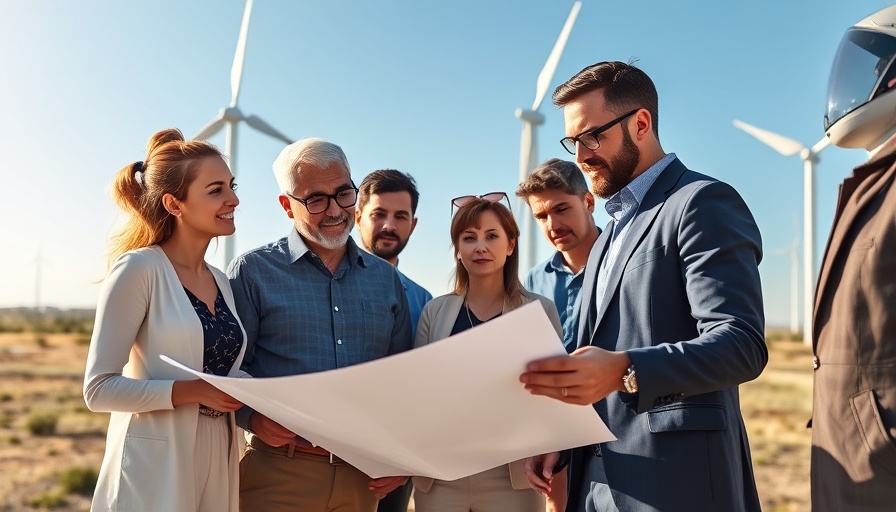 Professionals reviewing plans near wind turbines, talent management in renewable energy