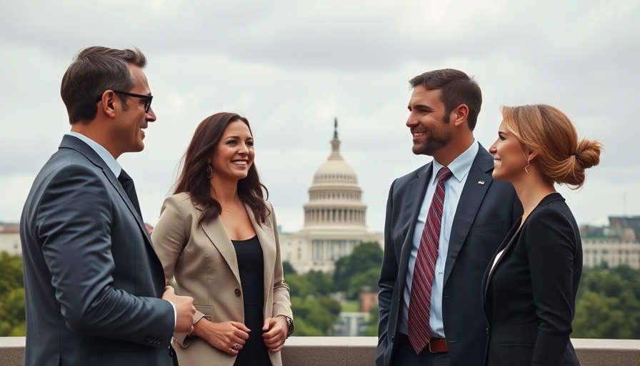 Business professionals discuss ideas with US Capitol view, highlighting plumbing innovations.