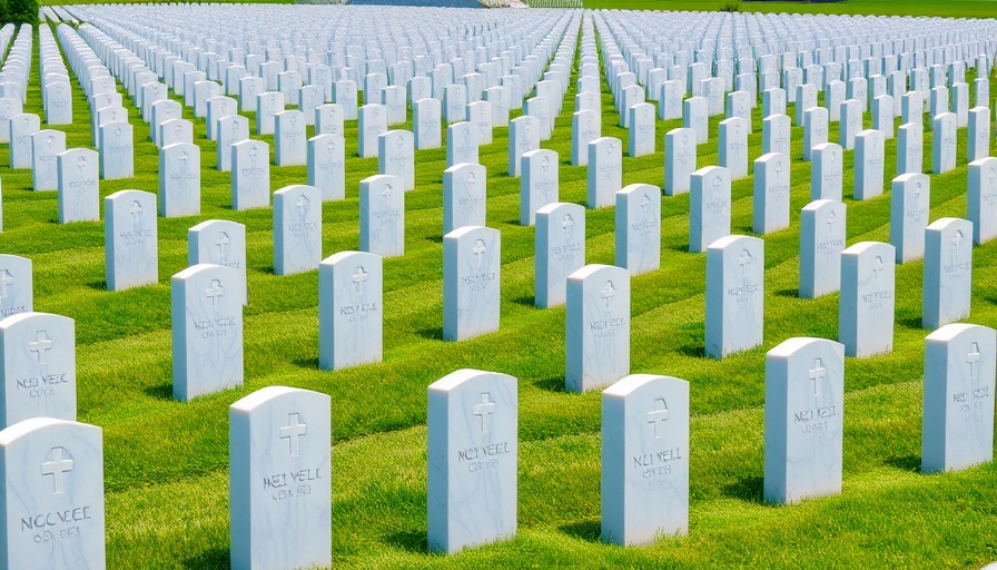 Orderly cemetery with white headstones and American flags.