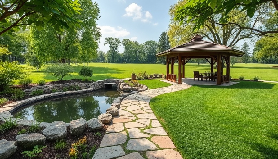 Expansive backyard lawn landscaping with stone path and gazebo.
