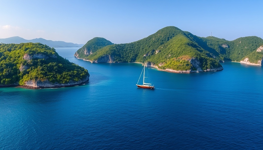 Coastal scene with sailboat near lush islands.