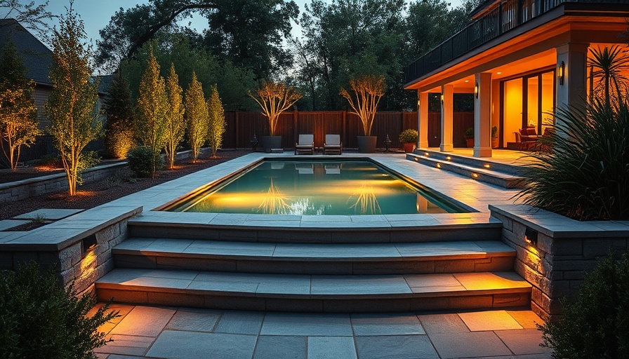Modern backyard hardscaping design with lounge chairs and stone steps.