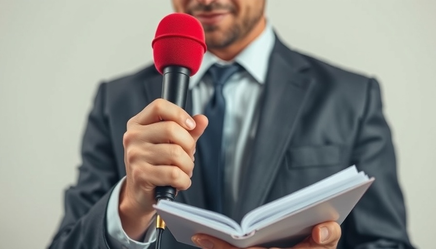 Journalist with red microphone and notebook reporting latest medical news