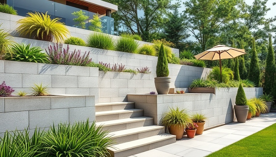 Modern retaining wall design with concrete and landscaping.