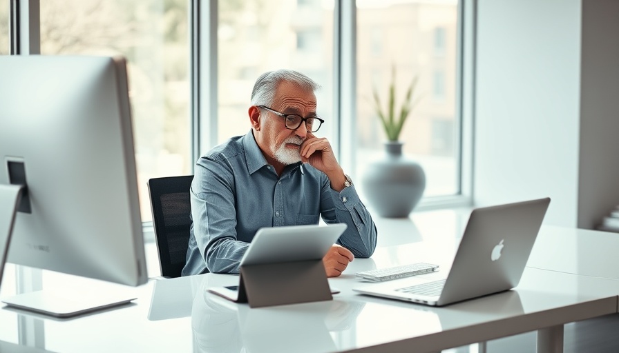 Digital Overload for Seniors: Thoughtful elder with tech devices.