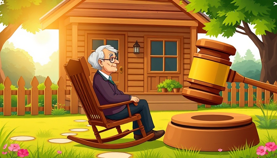 Cartoon of elderly person, pension rights, legal gavel