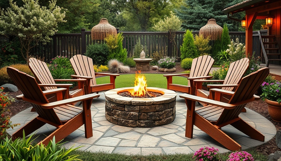 Inviting front yard seating area design with fire pit and chairs.