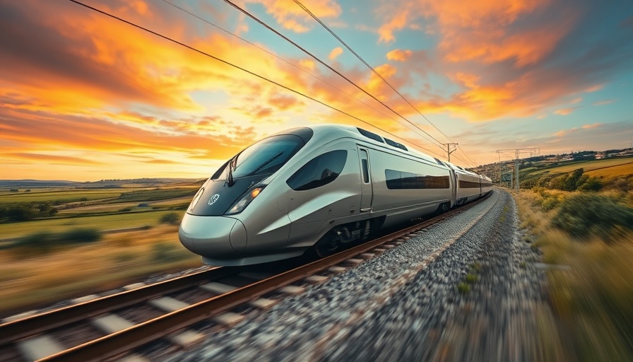 High-speed train gliding on railway tracks under a vibrant sky.