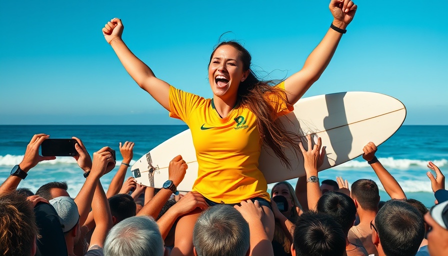 Gabriela Bryan celebrates win at WA Margaret River Pro, lifted by supporters.