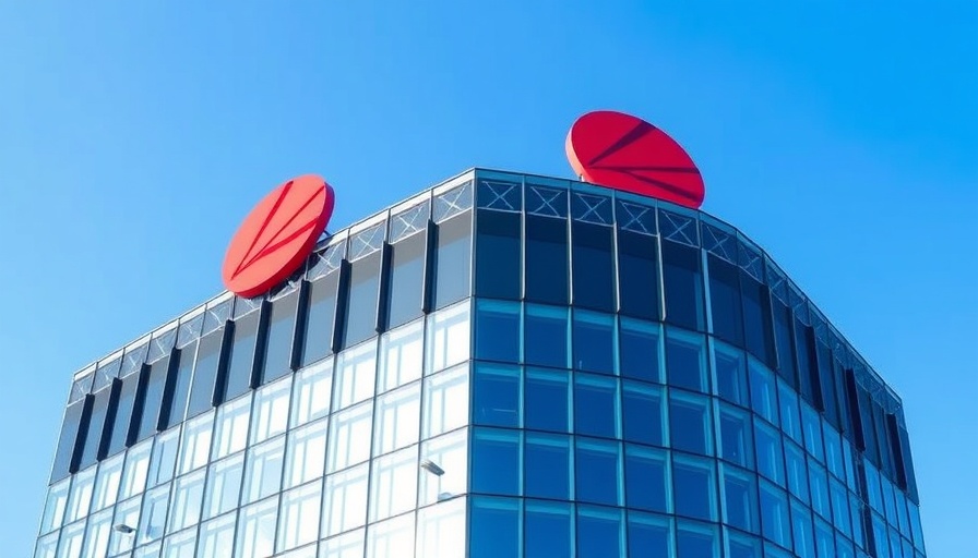 Modern glass building with red logo, Eli Lilly expansion SiteOne Therapeutics.