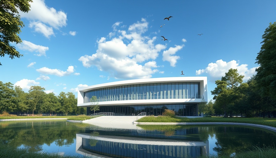 Natural History Museum new collections centre with modern design and pond.
