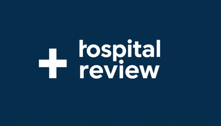 Hospital review logo on dark blue background with cityscape.