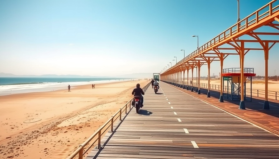 Distinguished Gentleman's Ride 2025 on a pier, sunny beach, ocean waves.