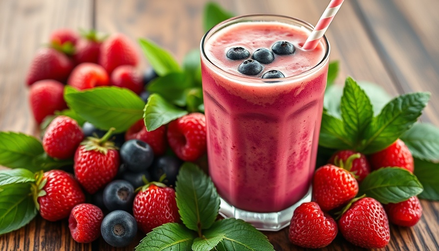 Coconut yogurt and berry smoothie with fresh berries on a leafy table.