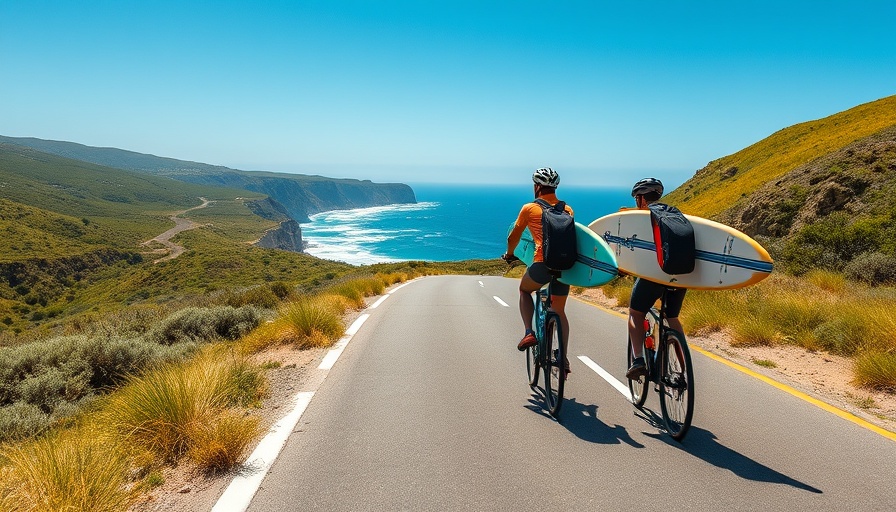 Cyclists on a surf and bikepacking adventure by the ocean.