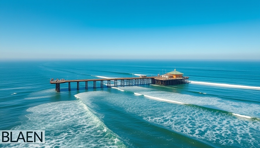 Huntington Beach surf culture scene with pier and ocean.