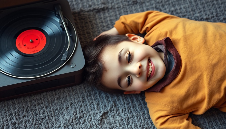 Young boy enjoying his first vinyl album with a record player.