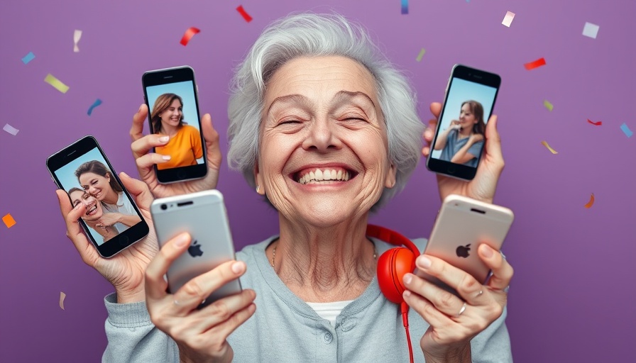 Granfluencer joyfully engaging with mobile phones on a purple backdrop.