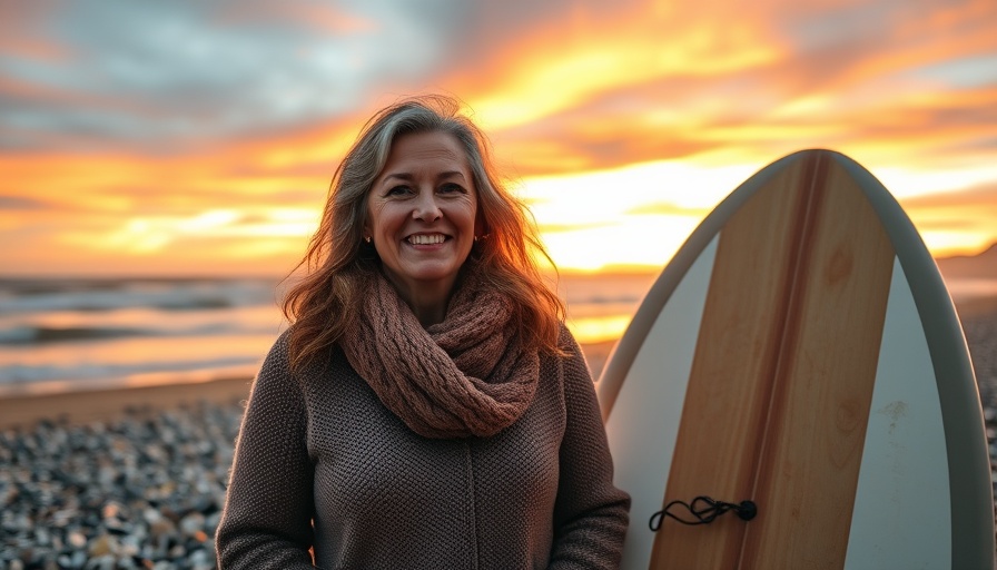 Cheerful women by the beach at sunset, taking up surfing in your 40s.