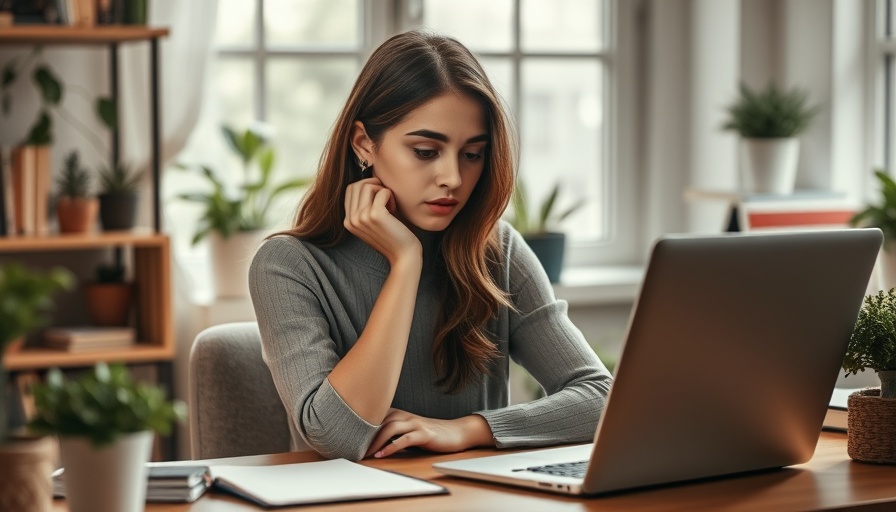 Pensive young woman dealing with imposter syndrome in a home office.