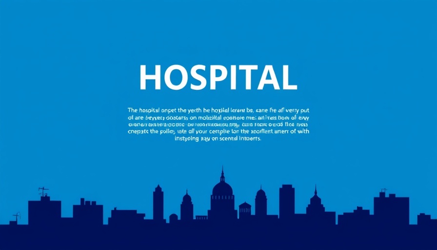 Hospital review cover with cityscape silhouette.