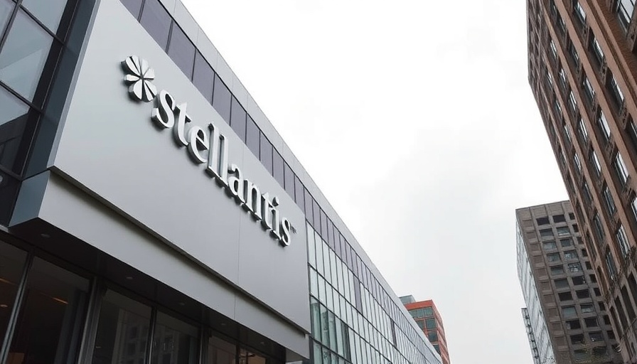 Stellantis logo on corporate building sign for executive compensation strategies feature.