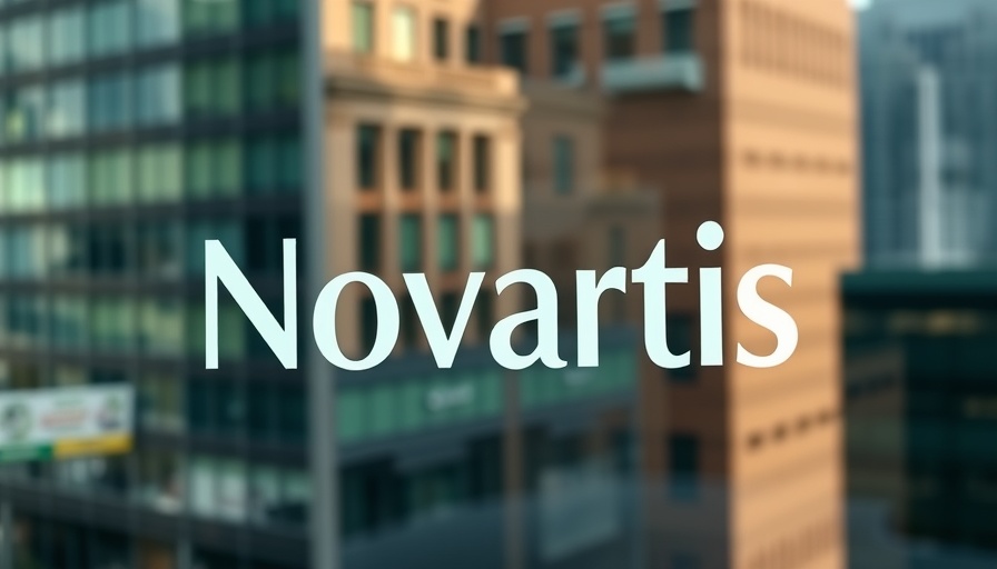 Novartis logo on glass window reflecting cityscape, Entresto patent dispute.