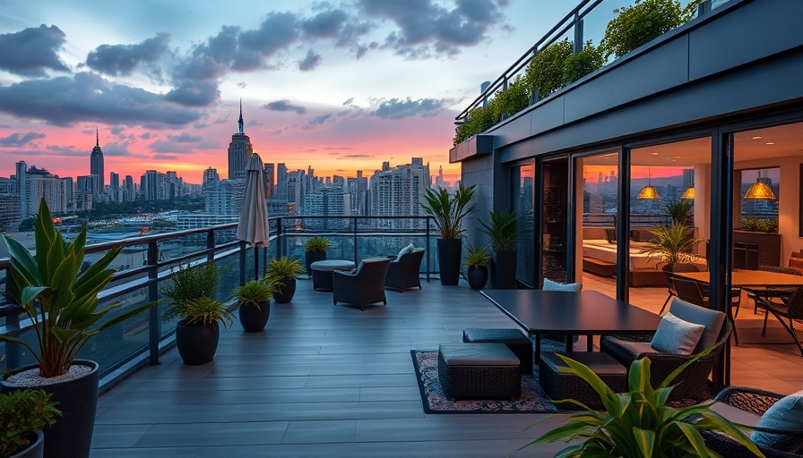 Modern terrace balcony with living space ideas and city view.