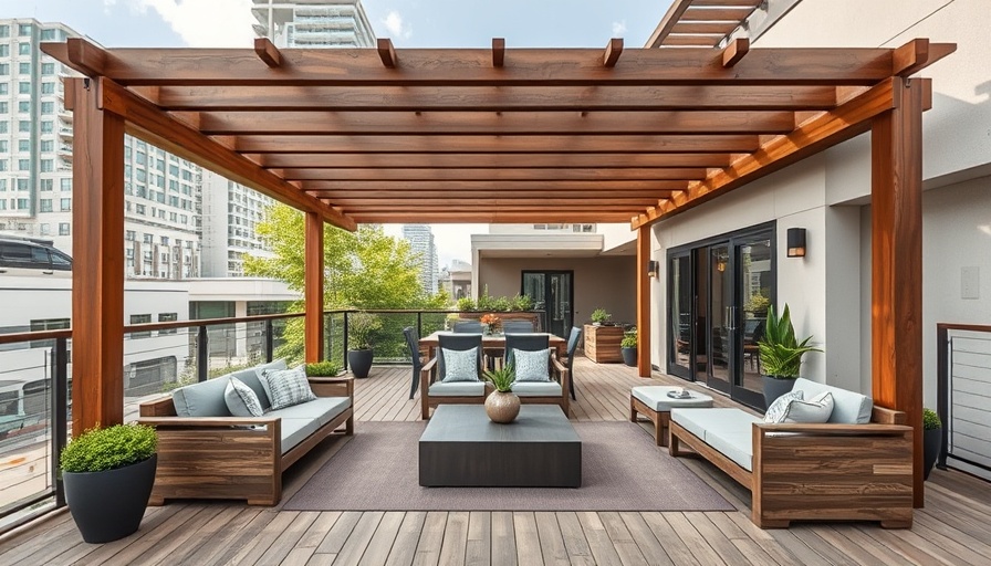 Modern pergola deck design with sleek furniture ideas, urban setting.