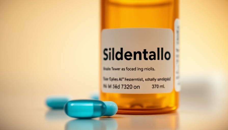 Close-up of Sildenafil prescription bottle during labor with a blue pill.