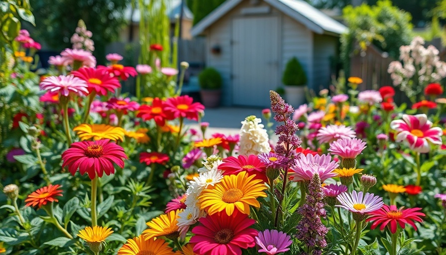 Vivid small flower garden with diverse blooms in bright sunlight.