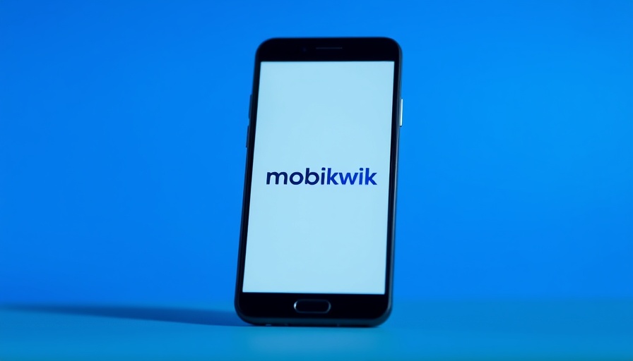 Smartphone displaying MobiKwik logo with blue abstract background.