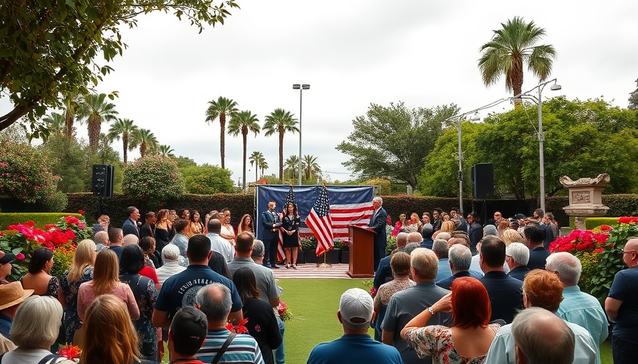 Huntington Beach Rose Garden ceremony with speaker and audience.