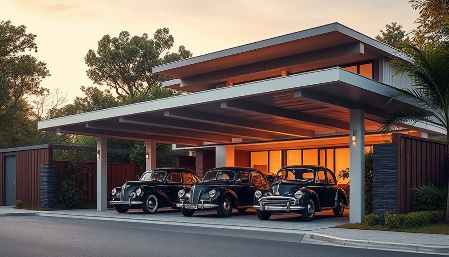 Modern carport design ideas with vintage cars, evening setting.
