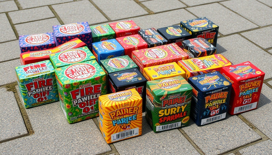 Colorful fireworks packages displayed with labels, Huntington Beach
