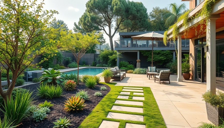 Varied sideyard landscaping ideas with garden paths and seating.