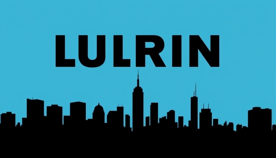 Minimalistic cityscape with bold text overlay on blue background