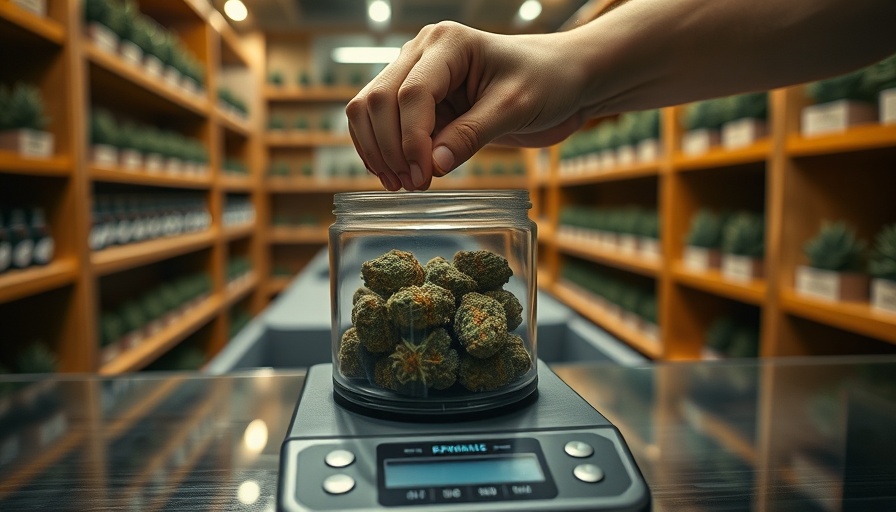 Cannabis dispensary worker measuring cannabis, highlighting cardiovascular risk.