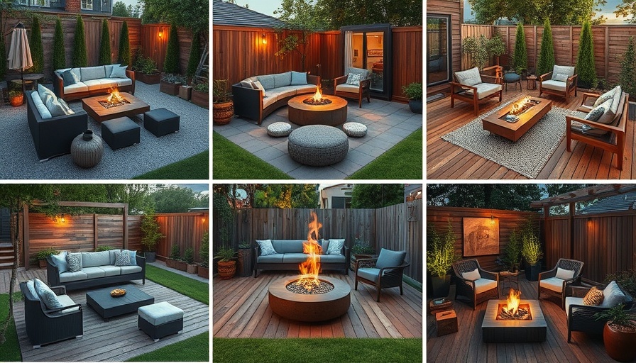 Collage of backyard outdoor seating design ideas with fire pits.